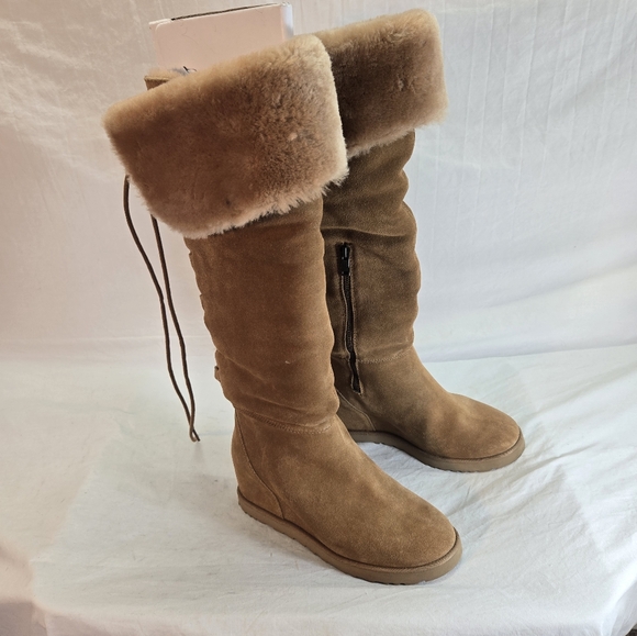 UGG Women's 9.5 Femme Over The Knee Chestnut Suede Fur Wedge Tall Boots New - Picture 2 of 8
